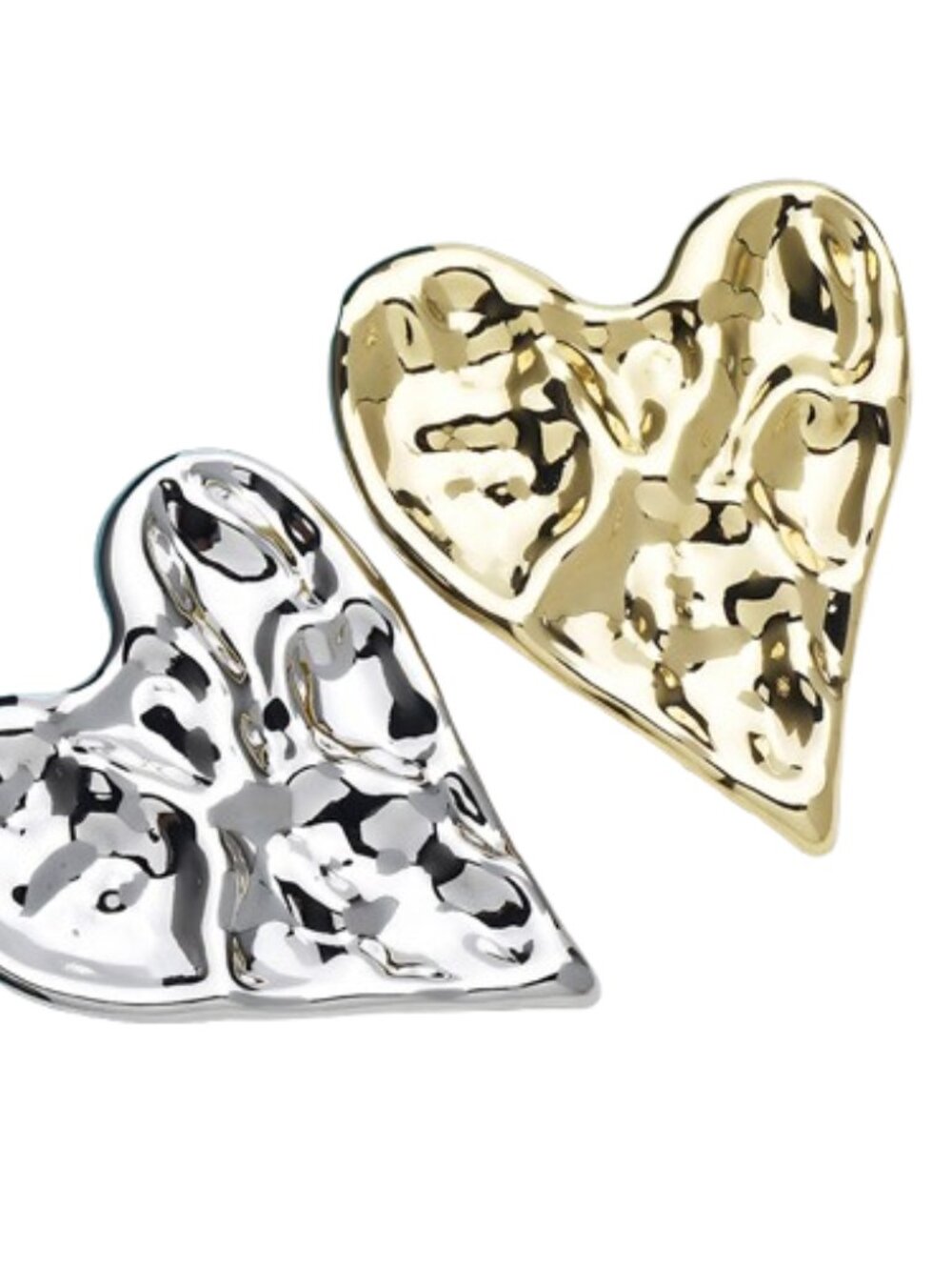 2pcs Large Hammered Heart Brooch Set, Gold & Silver Tone Abstract Love Pins